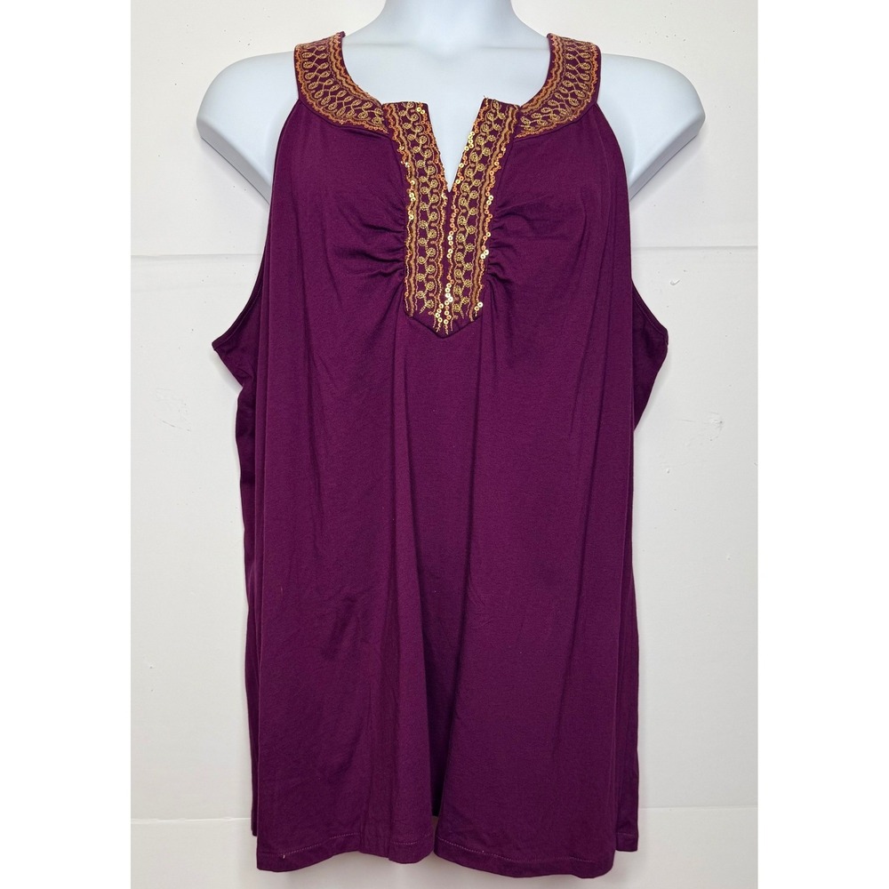 Lane Bryant Tank Top 26/28 Purple Embroidered Sequin V-Neck Sleeveless Boho Chic